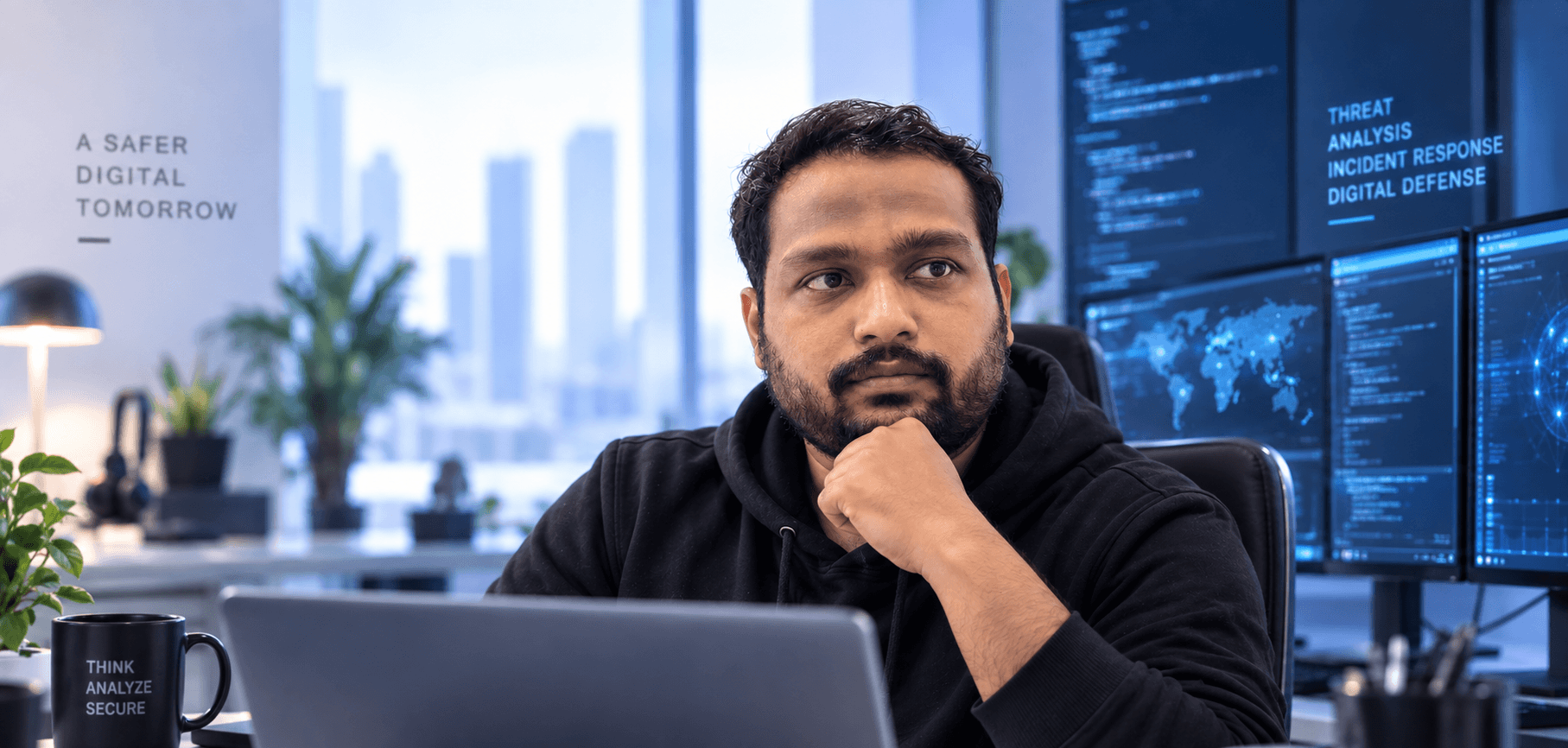 Anandhu Sajan in a cybersecurity workspace